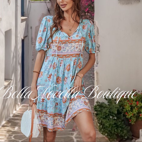 🔴 Boho Blue Floral Puff Sleeve Smock Dress - Picture 3 of 8